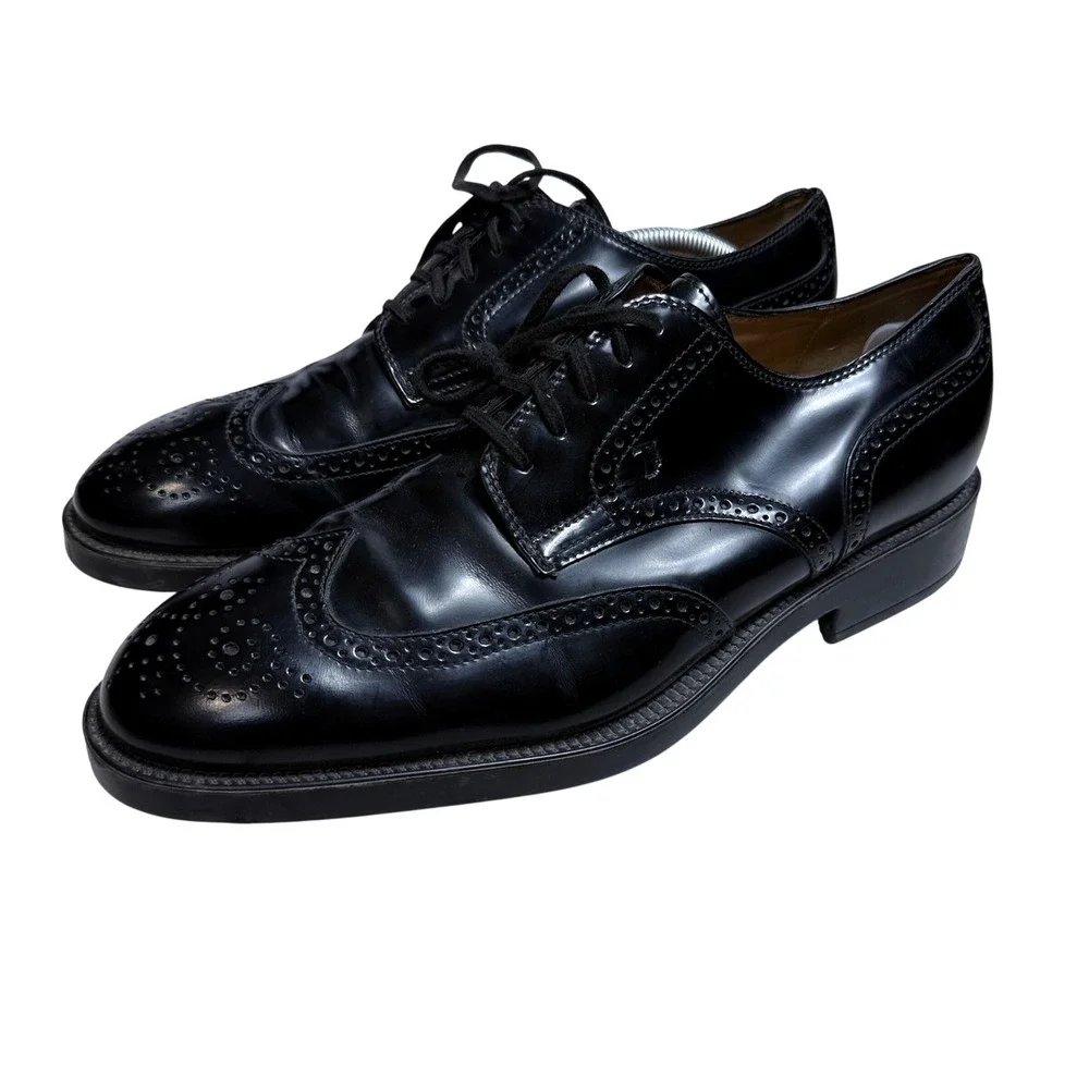 Tods Wingtip Brogue Derby Men 11 Black Polished Leather Lace Up Dress Shoes